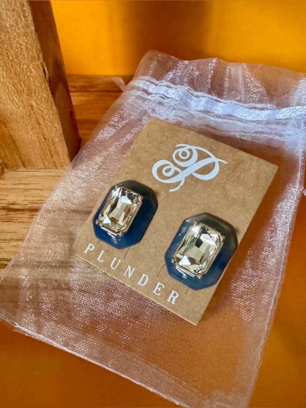 Plunder Acrylic Blue Crystal Rectangle Post Earrings New + Pouch